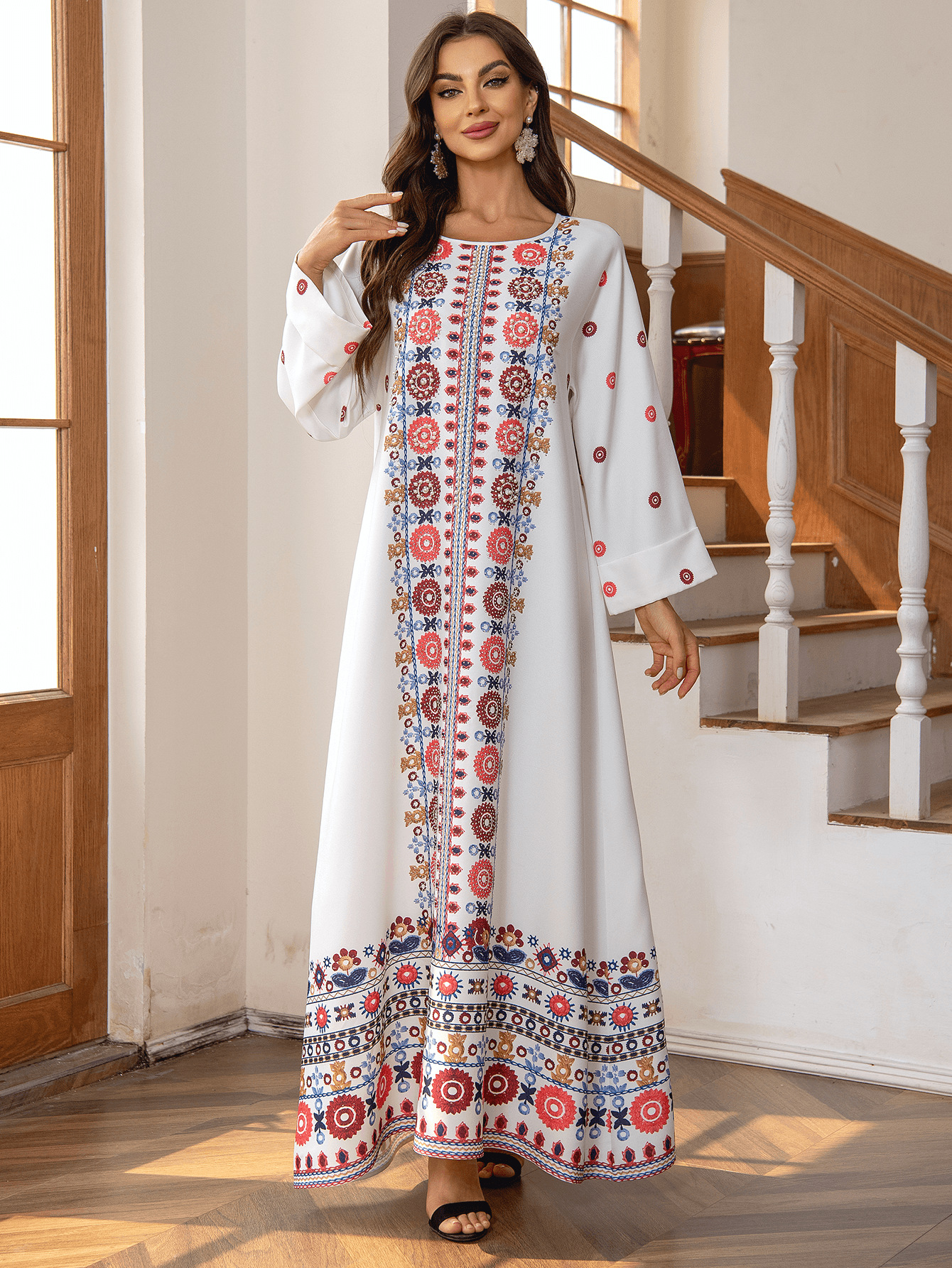 ZD028 Cross-border Middle Eastern Foreign Trade Muslim Ethnic Long Dress With Printed Gold Foil And Beading Elegant_ecoleips.com