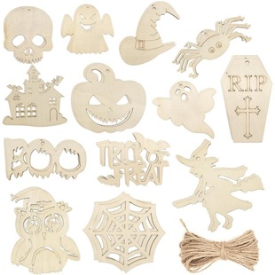 Cross-Border Wooden Halloween Cut Out Decorative Wood Chips DIY Kidsren's Creative Unfinished Ghost Witch Crafts