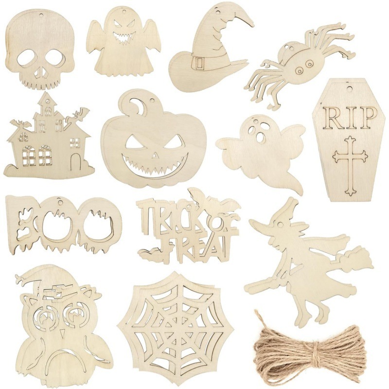 クロスボーダー木製ハロウィン中空装飾ウッドチップ DIY 子供のクリエイティブ未完成ゴースト魔女工芸品|undefined