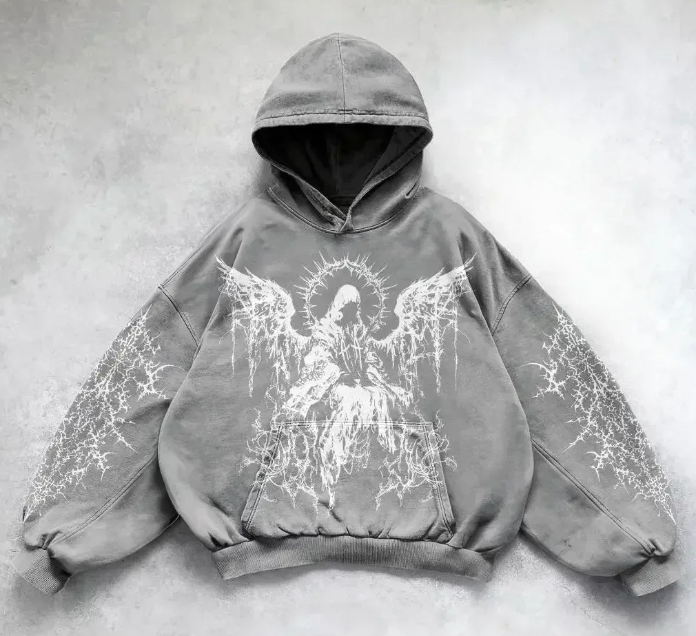 ​​Y2K Retro Punk Digital Print Hoodie - Gothic Couple Design Oversized Streetwear Sweatshirt, Unisex Vintage Style Pullover​​_viptrois.com