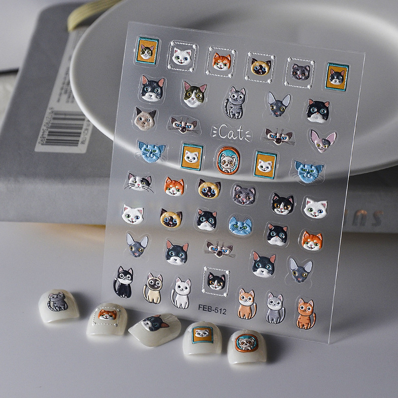 Cross-border new relief nail stickers cute little black cat wear fake stickers back glue nail stickers wholesale spot