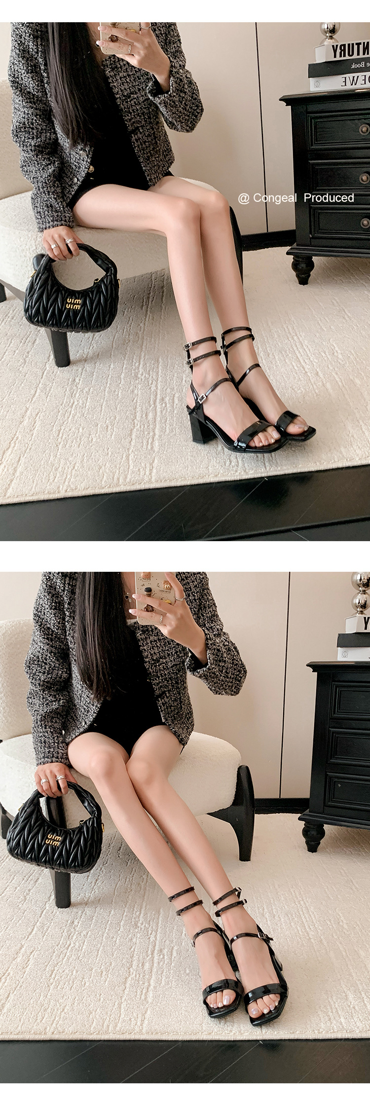 Sandal cao gót nữ quai ngang hở mũi mũi vuông gót vuông — Màu đen chi tiết 15