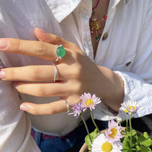 925纯银椭圆形l绿玉髓戒指女简约经典元素气质闭口设计指环J0417