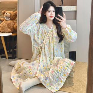 2025 Summer Thin Nightgown Woven Cloud Cotton Evergreen Long Sleeve Kimono Postpartum Breastfeeding Air-Conditioned Room Home Dress