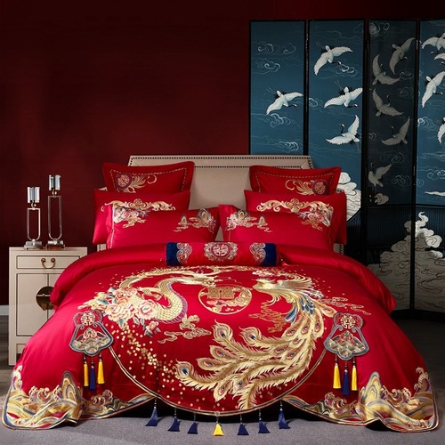 Long-staple cotton wedding four-piece wedding room bright red pure cotton high-end Chinese dragon and phoenix embroidery bedding Nantong City
