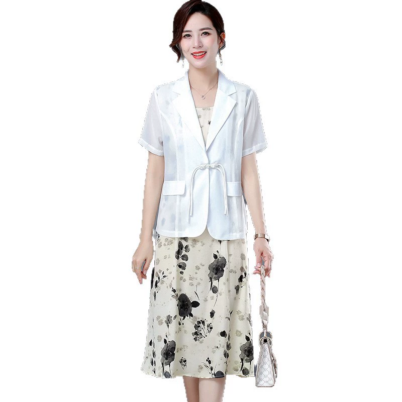 Летний шифоновый топ-костюм для мамы, модное женское платье, новая куртка в китайском стиле, юбка для женщин среднего и пожилого возраста