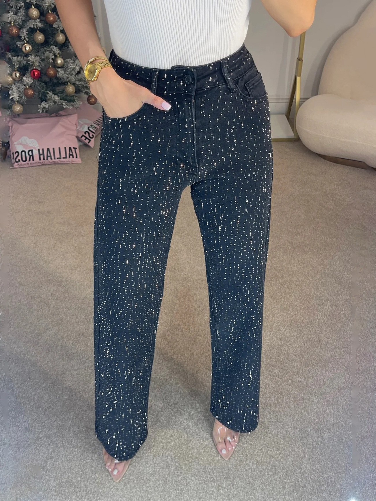 Jeans donna con strass distressed gamba larga denim vintage_voghion.com