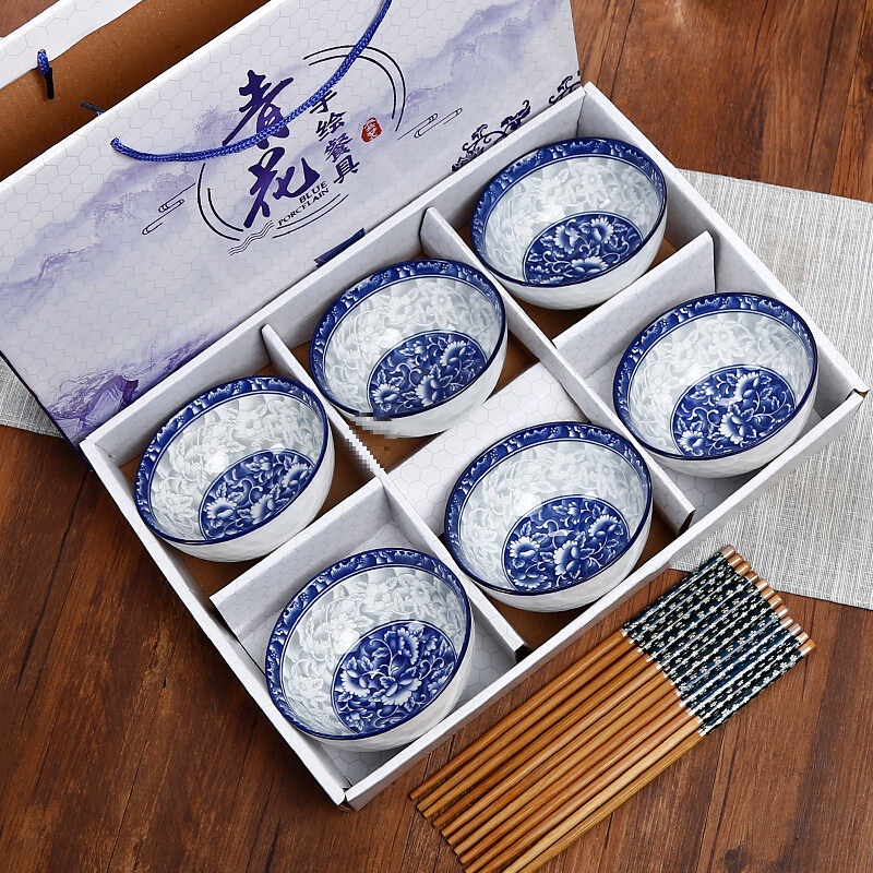 Blue and White Porcelain Bowl Set Ceramic Tableware Ceramic Bowl Set Household Bowl and Chopstick Set Gift Box Gift Bowl Set Y*