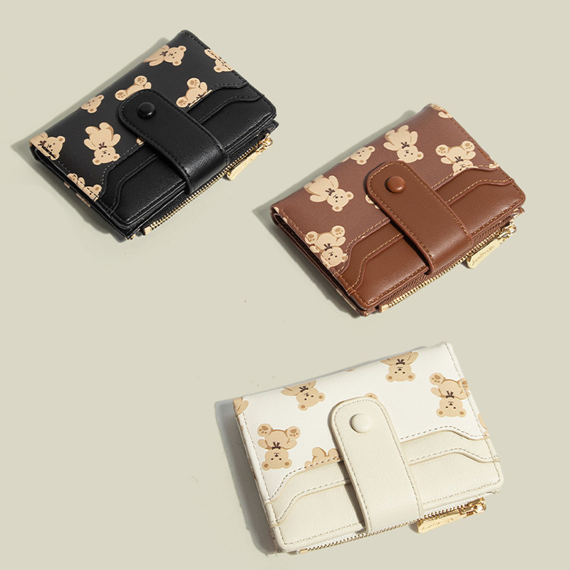 Korean Style Bear Print Cross-Border Fashion Women's Shorts Wallet Thin Zipper Coin Purse Card Holder Fashion Buckle Wallet