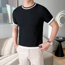 夏季新款短袖针织衫男拼色条纹冰丝透气修身商务韩版外贸跨境批发