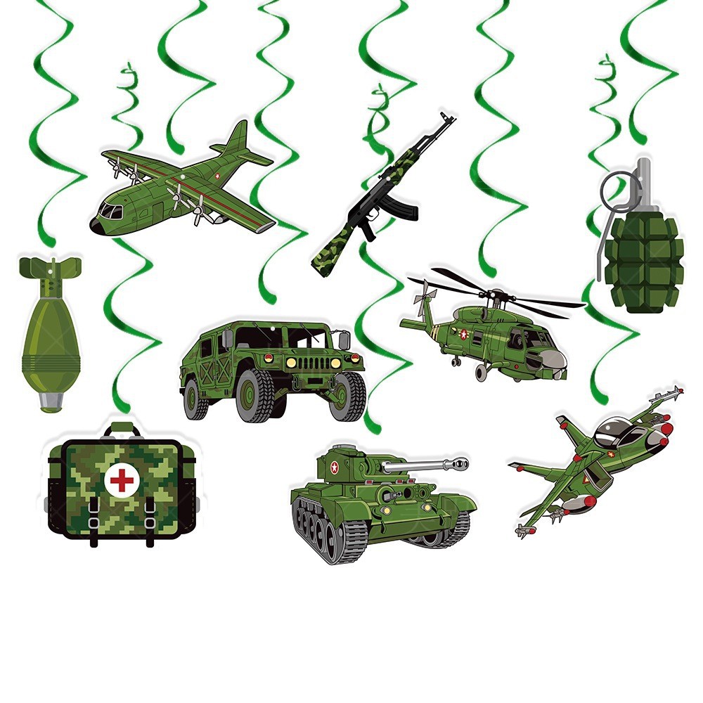 Nuevo tema militar cumpleaños decoración cumpleaños tire bandera camuflaje tire bandera espiral colgante pastel Tarjeta de inserción