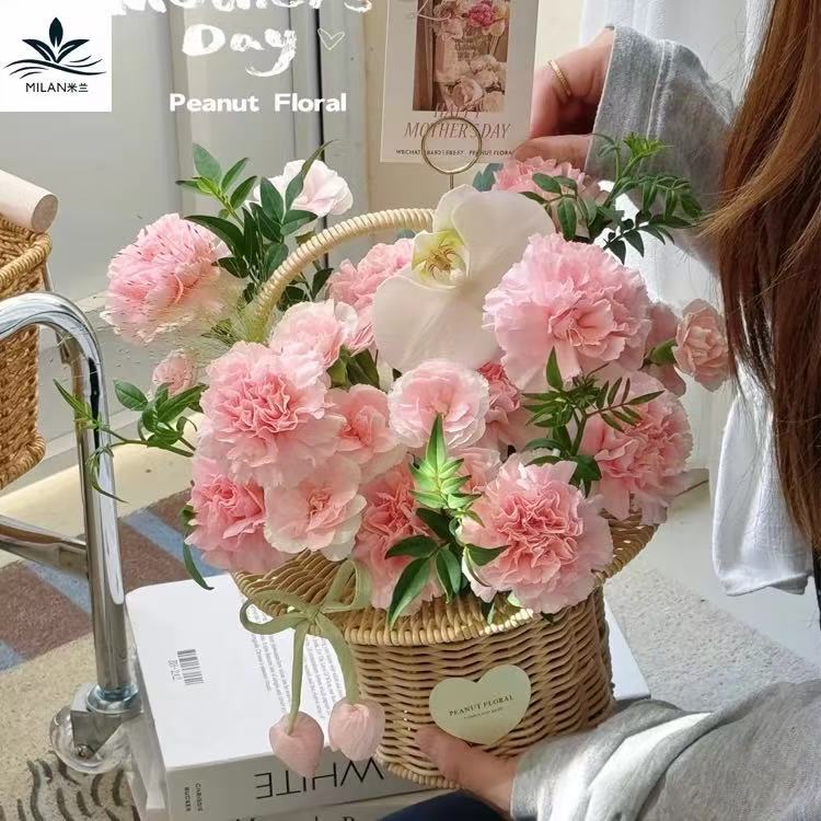 Día de la Madre cortesía canasta de flores tejida a mano canasta pastoral viento de caña tejida de mano canasta de flores salón de flores canasta de regalos