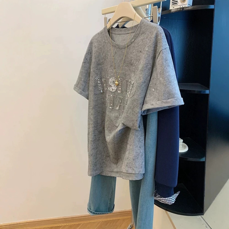 Cross-Border Hot-Selling Plus-Size 120kg Gray Tie-Dye Sequin Embroidered Short-Sleeve T-Shirt Women's Summer Top Loose and Versatile
