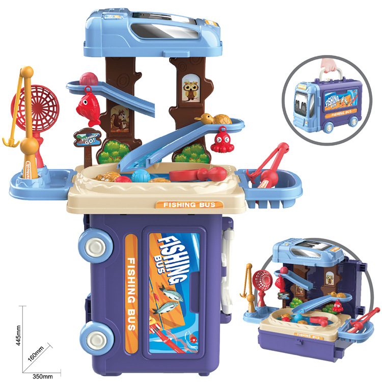 Simulación de niños transfronterizos 3-en-1 autobús cocina vajilla herramientas de maquillaje juego de juego casa maleta doctor juguete