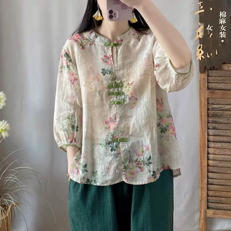 #文艺小清新印花撞色盘扣衬衫女春夏季宽松七分袖苎麻短款上衣