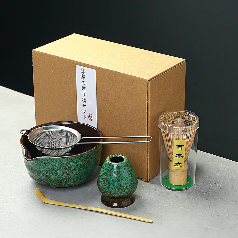 Kiln-Fired Ceramic Matcha Bowl, Bamboo Tea Whisk, Song Dynasty Tea Brush, 100-Pronged Tea Brush, Cross-Border Tea Set, Crackle Glaze Green