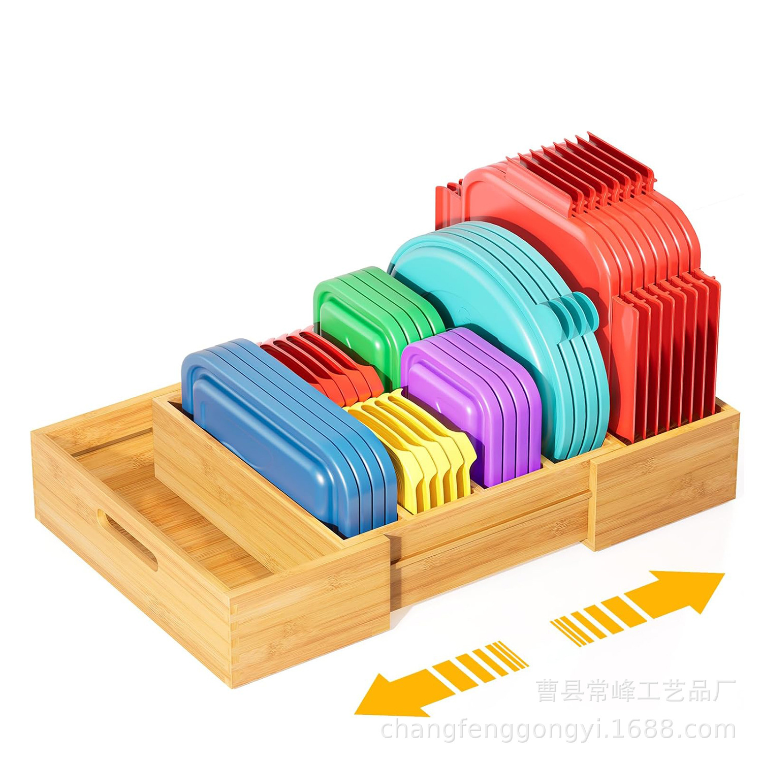 Extensible bamboo lid storage box kitchen cabinet food container plastic lid with 3 adjustable partitions storage rack