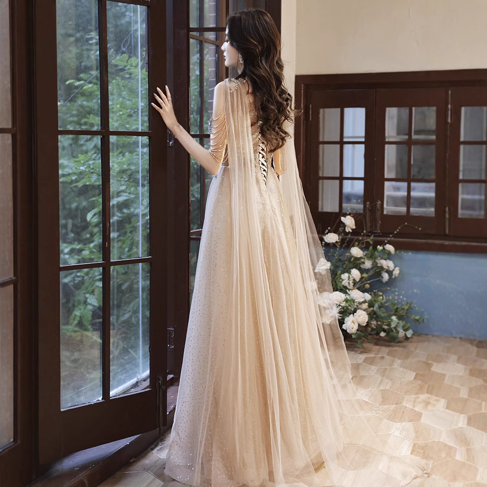 Abito da sera champagne donna elegante vestito da cerimonia_voghion.com