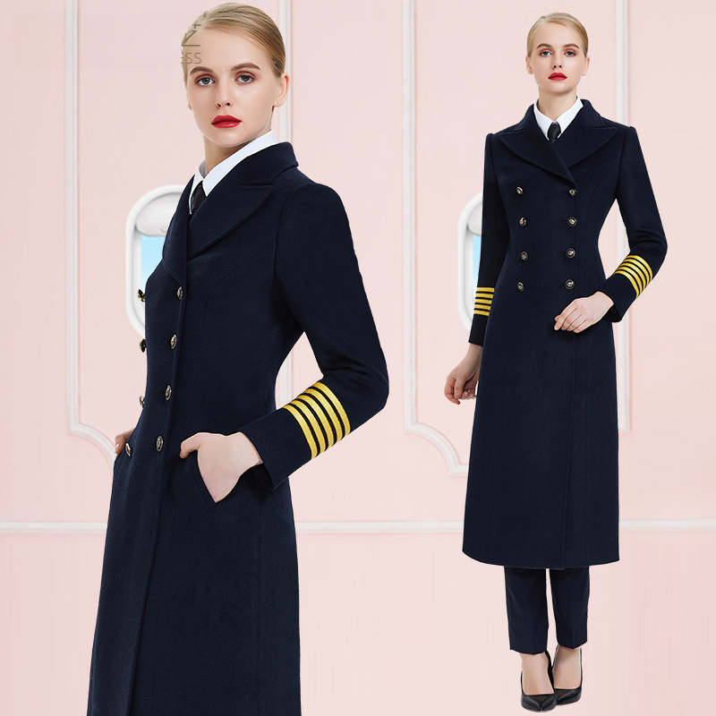 Hostes ceketi Kadın Orta uzunlukta sonbahar ve kış Havacılık Koleji kaptan pilot havaalanı yer hizmetleri yün ceket tulum_voghion.com