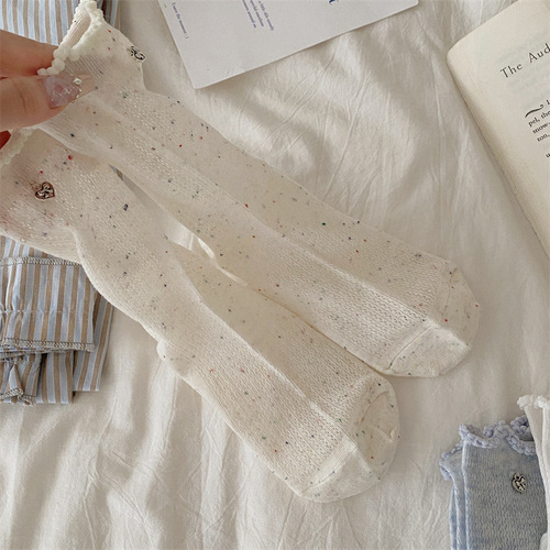 Korean style summer thin socks for women with heart-shaped pendant ruffles mesh lace open tube socks simple solid color pile socks 