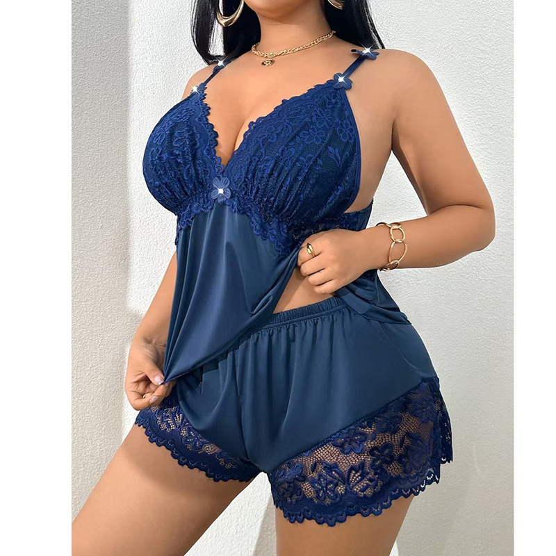 European and American Cross-Border New Foreign Trade Lace Sexy Plus-Size Lingerie Thin Strap Shorts Erotic Sleepwear Set