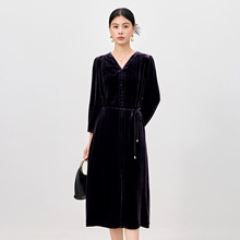 水墨佳人文艺复古真丝丝绒V领连衣裙女秋冬新款系带设计款2107