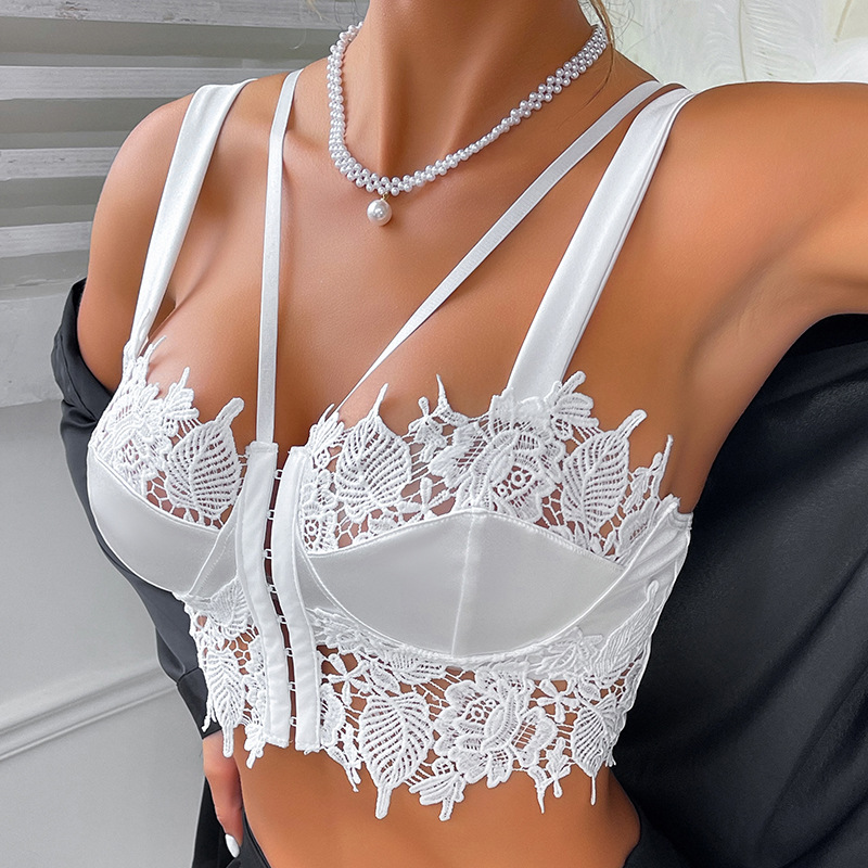 Belleza europea y americana explosión sexy chicas calientes puras desean chaleco de cabina de encaje de malla perspectiva chaleco de hombro mujer