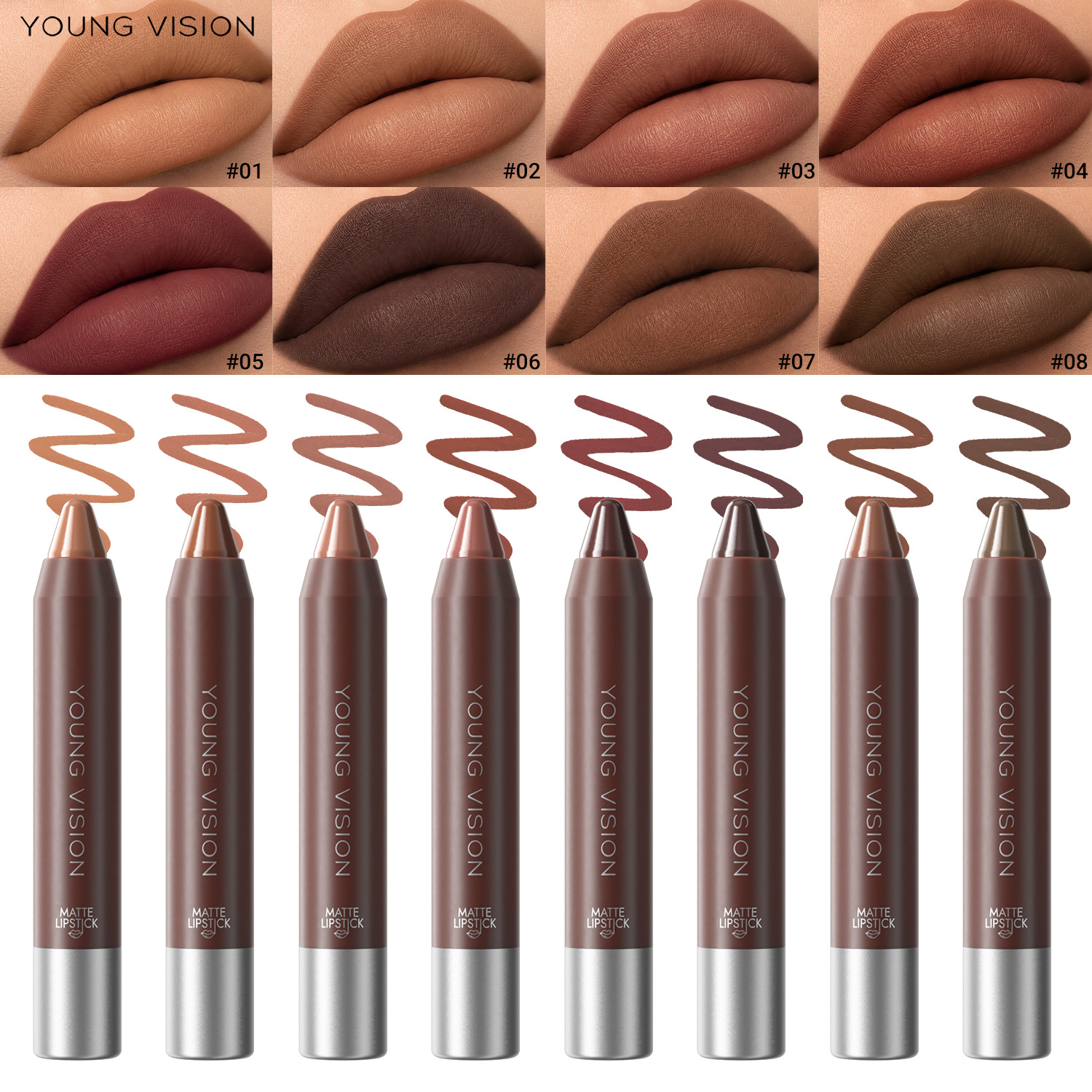 YOUNG VISION Chocolate Color Soft Matte Lipstick Pen, 8 Colors Available, Lip Liner for Gradient European and American Lips