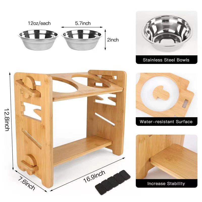 Amazon Simple Pet Dog Bowl Rack de comida para perros de bambú y madera Rack de tazón de mesa de comedor para perros de doble tazón de madera ajustable