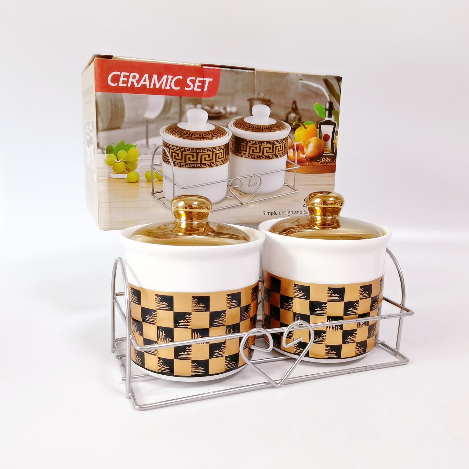 Exportación transfronteriza 2-pack cerámica chapado en oro condimento tarro con estante de hierro cocina condimento botella té tarro Oriente Medio