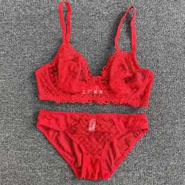 TATA推荐！欧美刺绣透视有钢圈文胸套装性感镂空透气上托内衣