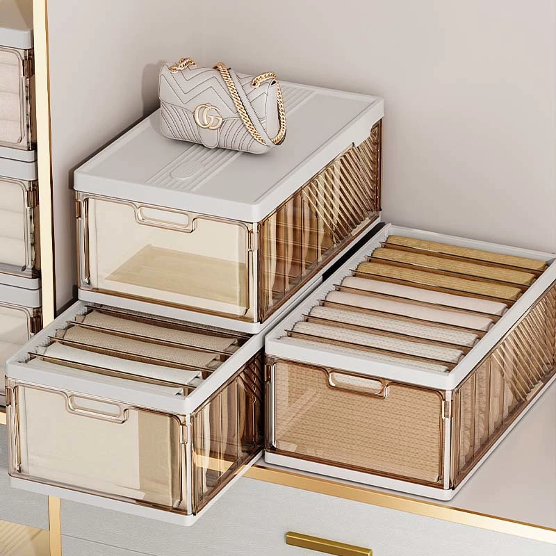 Foldable multi-compartment storage box for pants, jeans, and household clothes organization