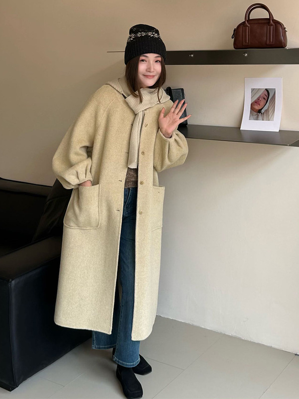 2025秋冬新款双面羊毛韩系中长款大衣女可脱卸帽设计感羊毛呢外套|undefined