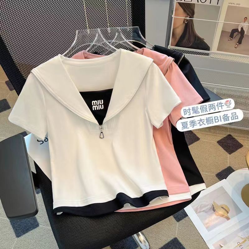 Nueva camiseta de manga corta de dos piezas falsa 2024 verano reducción de edad estilo occidental moda salvaje de manga corta ins mujer de moda delgada