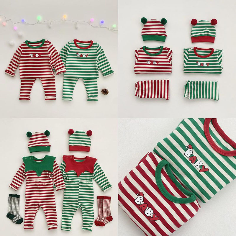 Estilo coreano Otoño e Invierno bebé recién nacido niños Navidad traje de cuatro piezas de manga larga pantalones a rayas sombrero desmontable mameluco traje de los niños