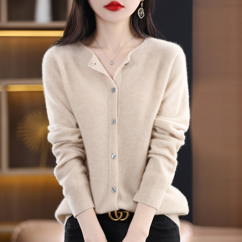 【One-Piece Molding】Skin-Friendly Soft and Smooth 100% Wool Seamless Osmanthus Stitch Cardigan Cashmere Sweater for Women in Stock
