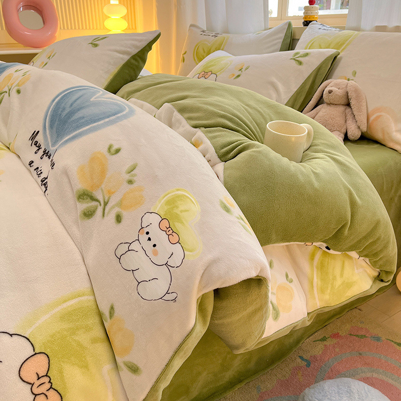 Invierno engrosado 2025 nuevo conjunto de cuatro piezas de lana de leche de doble cara edredón de coral sábanas de tres piezas