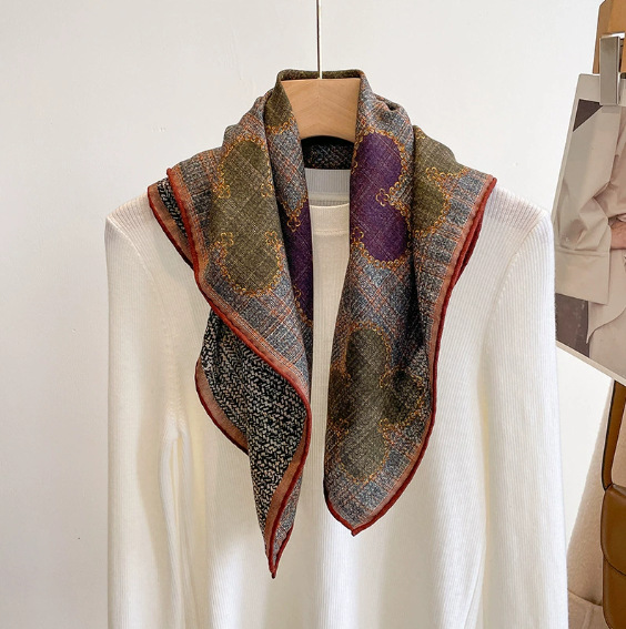 2025春秋冬新型高級シルクウールマフラー女性ファッション気質プリントストール両面シルクスカーフ