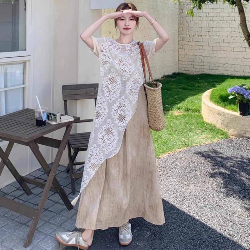 2025年初夏着用大きいサイズ婦人服フレンチレイヤードスーツサスペンダースカート太ったmmお腹カバーレースドレス|undefined
