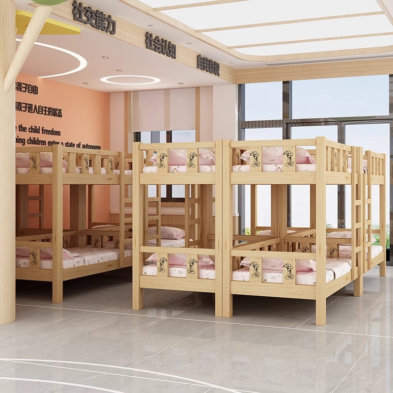 Cama de jardín de infantes, cama de almuerzo, cama de siesta para estudiantes de la escuela primaria, cama de madera maciza, cama de altura baja, cama de doble capa