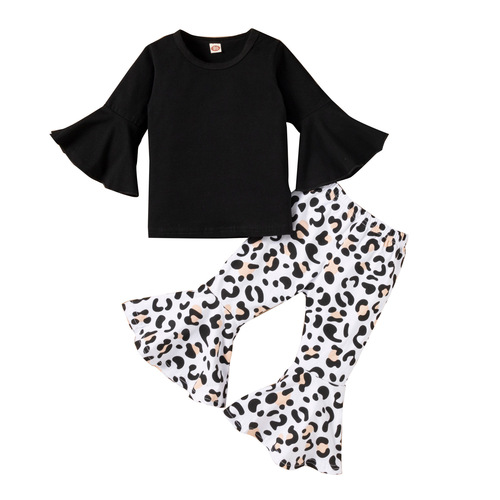 US/EU Cross-border Autumn New Girl's Ins Black Bell Sleeve Top + Leopard Print Pants Children's Two-Piece Set