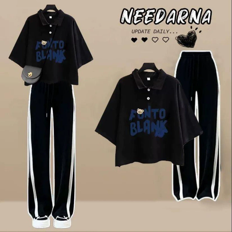 IT2 Academy стиль модный набор женский летний 2024 новый ученик средней школы с поло-воротником с короткими рукавами футболка широкие брюки два