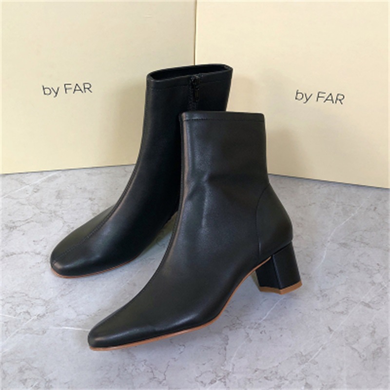 小衆純原by far本革ショートブーツ女性側ファスナー四角い中ヒールブーツフレンチレトロ痩せブーツ