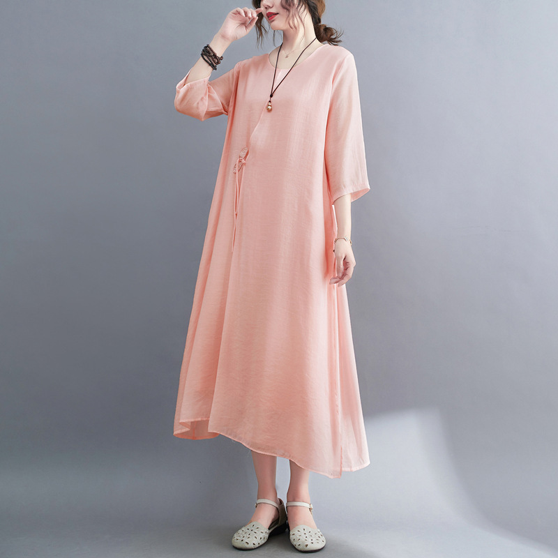 2022 Real-shot In-stock Vintage Artistic Elegant Cotton-linen Cool Round-neck Three-quarter Sleeve Zen-style Robe Dress_ecoleips.com
