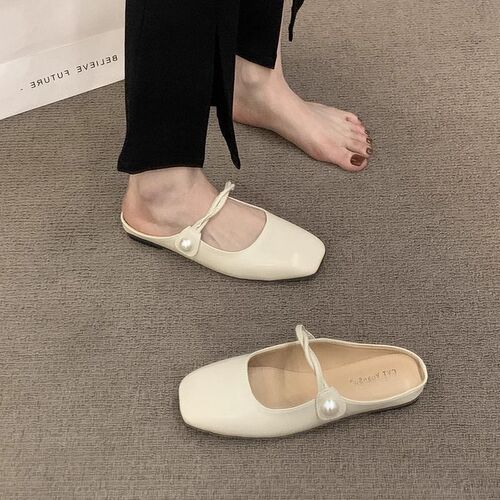 French Marie Jane Baotou Half Slippers Women's Shoes External Wear 2025 New Spring and Summer Flat Quality Half Support Single-layer Shoes