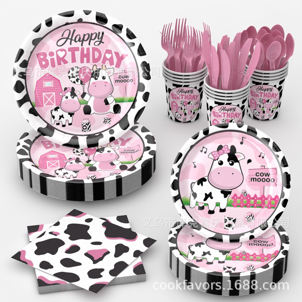 Decoración de fiesta de granja de vaca rosa cumpleaños bandeja de papel desechable taza de papel toallas set de decoración de globo