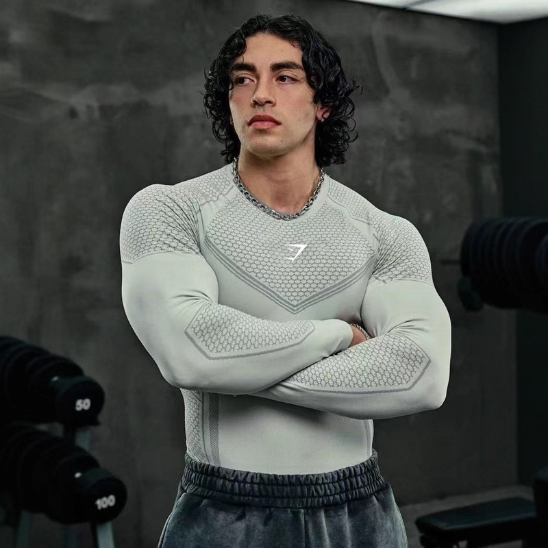 Gymshark Fitness Long-Sleeved Men's Autumn and Winter Base Layer Elastic Quick-Drying Bodysuit Cycling Trendyy Printed T-Shirt