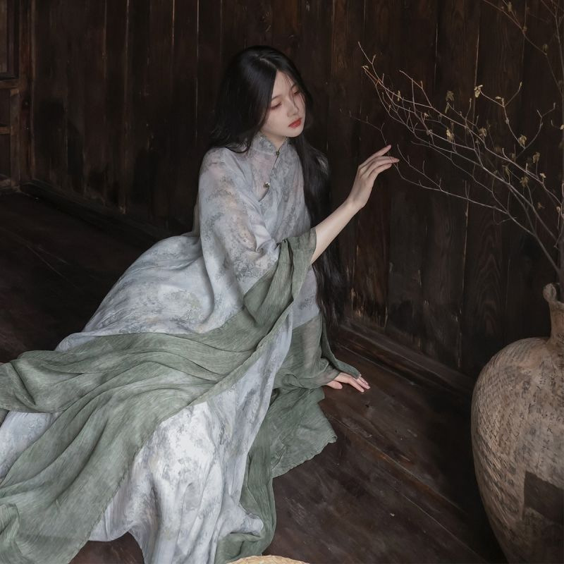 Fresh cold style new Chinese cheongsam sleeve loose elegant cold green artistic robe improved Hanfu Zen tea suit
