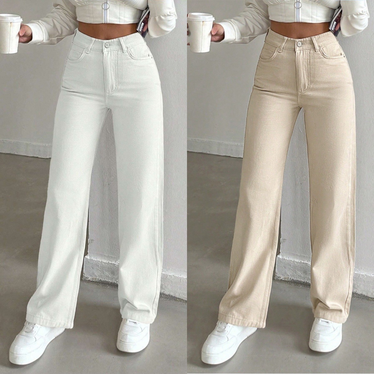 European and American Cross-Border Spring and Autumn New Women's Mid-Waist Stretchy Drapey Loose Straight-Leg Versatile Slimming Solid Color Jeans