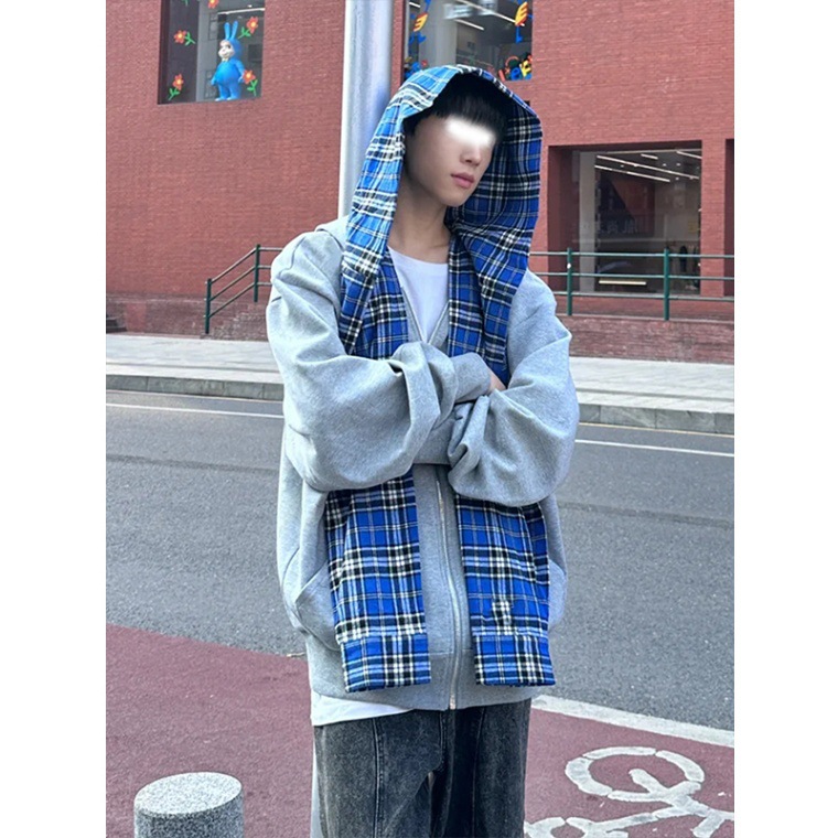 ​​Men's Checkered Zip-Up Hoodie – Heavyweight Faux Layered Pullover With Drop Shoulder & Side Pockets (Cotton Blend, Grey/Black, M-3XL)​​_voghion.com